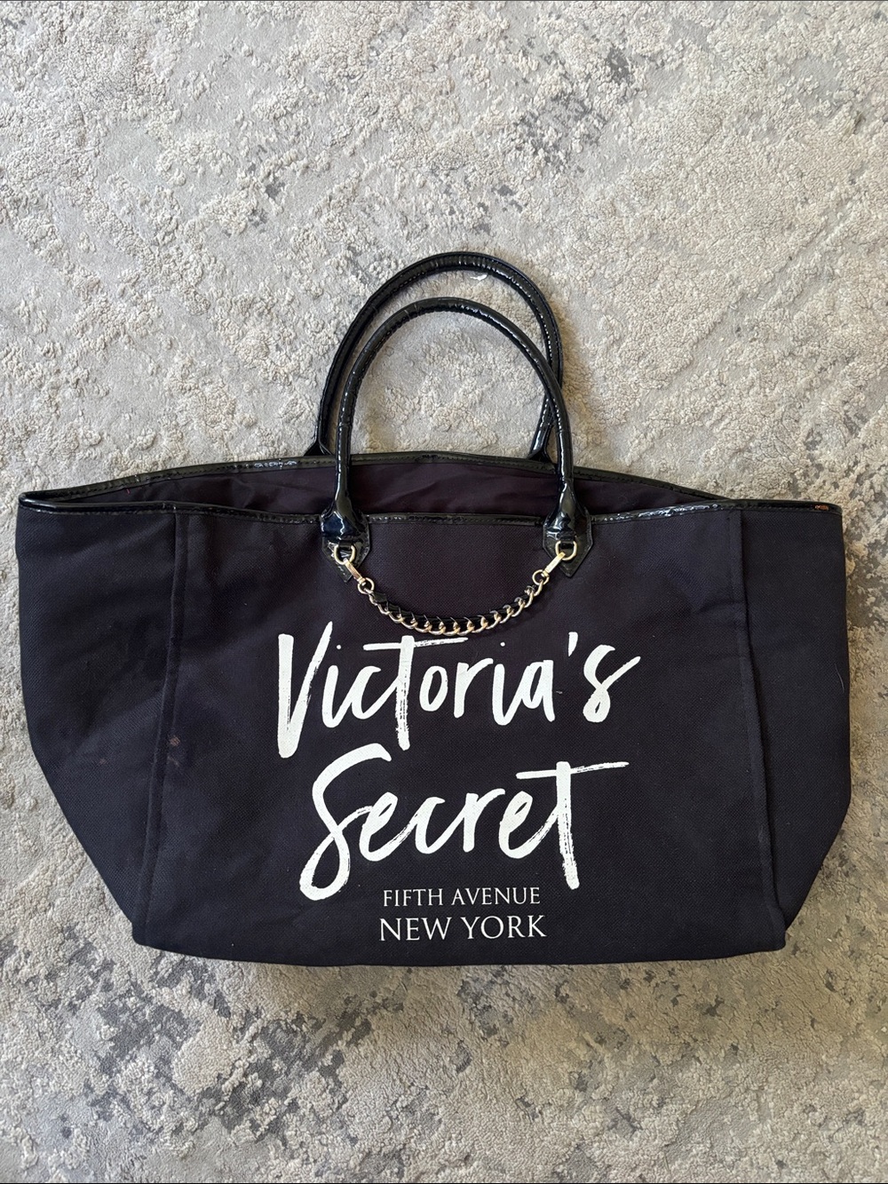 Victoria's Secret Black Canvas Tote with White Logo and Gold Chain